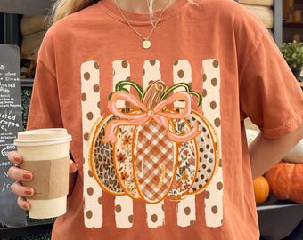 Comfort Colors Faux Pumpkin Appliqué and Dot Stripes Trendy Shirt - Boho Fall Vibes Tee - Vintage Pumpkin Print Tee - Retro Fall Vibes Tee