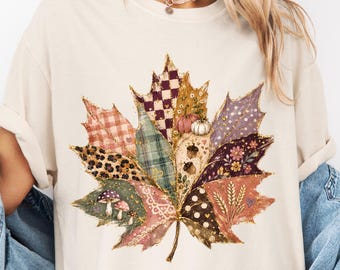 Comfort Colors Maple Leaf Shirt  - Faux Applique Maple Leaf T-Shirt - Faux Patch Embroidery Maple Leaf Autumn Boho Tee - Fall Vibes Shirt
