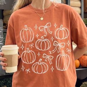May include: A burnt orange short-sleeve t-shirt featuring a white line-art graphic print of multiple pumpkins, bows, and four-pointed stars. The shirt has a crew neckline and a relaxed fit, showcasing a seasonal pattern across the front chest area.