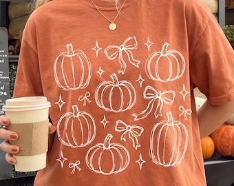 Comfort Colors Pumpkin Shirt - Fall Vibes Pumpkins and Bows Cute Retro Graphic Tee - Autumn Trendy Shirt - Fall Boho Tee