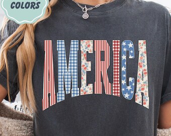 Comfort Colors America T-shirt - Faux America Applique - Retro America Printed Graphic - Cute Trendy 4th of July Shirt