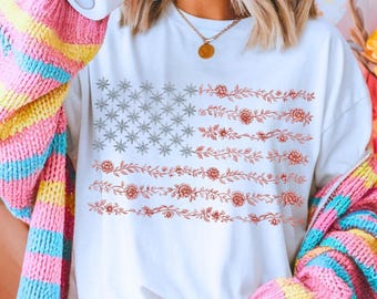 Comfort Colors USA American Flag Floral T-shirt - Delicate Flowers USA Flag - Cute Women Patriotic Tee - Independence Day July 4th Shirt