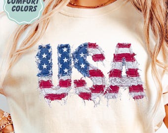 Comfort Colors Vintage USA Faux Patchwork Shirt, American Flag Tee - 4th of July Patriotic Faux Appliqué USA Graphic Tee - American USA Flag