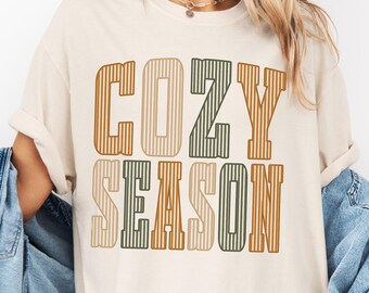 Comfort Colors Cozy Season Shirt - Fall Vibes Boho Tee - Fall Graphic with Trendy Stripes - Retro Autumn Tee - Cozy Vibes Tee