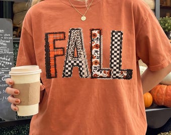 Comfort Colors Fall Shirt - Faux Appliqué Fall T-shirt - Faux Embroidered Fall Word Tee - Retro Fall Vibes Shirt - Boho Fall Colors Shirt