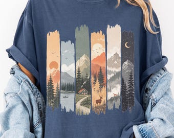 Comfort Colors Nature Scene Shirt - Retro Stripes Mountains Forest Rivers Sun Moon Trees Deer - Nature Lover Hiker T-Shirt - Boho Nature Tee