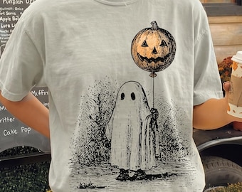 Comfort Colors Halloween Shirt - Cute Ghost with Balloon Halloween Tee - Retro Ghost Holding Pumpkin Ballon Tee - Halloween Season TShirt