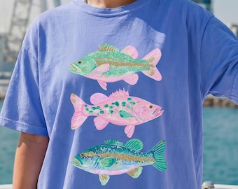 Comfort Colors Fish Shirt - Coastal Beach Summer Trendy Pink Preppy T-Shirt - Trending Stripes Summer Vibes T-Shirt - Cute Boho Summer Tee