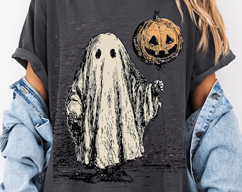 Comfort Colors Halloween Shirt - Ghost with Pumpkin Balloon Tee - Cute Retro Ghost Spooky Season TShirt