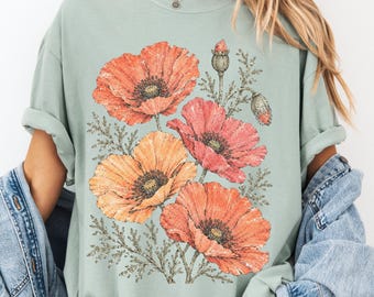 Comfort Colors Poppy Flowers Shirt - Retro Wild Flowers T-shirt - Vintage Floral Tee - Boho Summer Flowers Shirt - Botanical Wildflower Tee