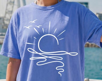 Comfort Colors Sun Ocean Shirt - Linear Graphic Boho Summer T Shirt - Trendy Beach Tee - Cute Minimalist Summer Tee