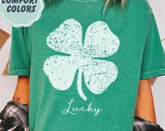 Comfort Colors Lucky Clover Shirt - St. Patrick's Day Retro Tee - Shamrock 4 Leaf Distressed Image - St Patrick's Celebration T-Shirt