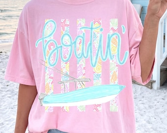 Comfort Colors Boat Shirt - Boatin Cute Summer Tee - Boat Life Tee - Beach Vibes Boho Tee - Coastal Trending Stripes Cute Graphic T-Shirt