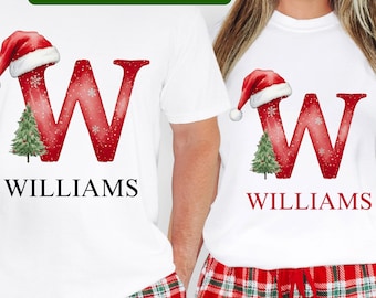 Christmas Matching Family Name Shirts - Custom Personalized Name Holiday T-Shirts - Retro Christmas Initial Letter and Family Name - Gift
