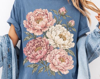 Comfort Colors Peony Flowers Shirt - Retro Peonies T-shirt - Floral Wild Flowers  Vintage Print Tee - Boho Summer Tee - Large Peonies TShirt