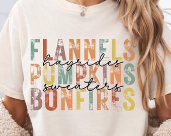Comfort Colors Fall Shirt - Flannels Pumpkins Bonfires Fall Quote Tshirt - Retro Autumn Words Trendy Tee - Fall Vibes T-Shirt