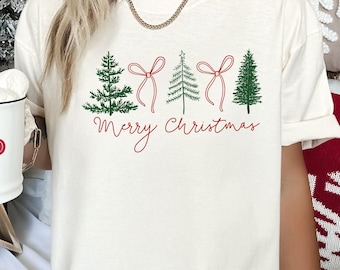 Comfort Colors Merry Christmas Shirt - Christmas Coquette Red Bows and Christmas Trees Tee - Preppy Christmas Tree T-Shirt - Festive Tee
