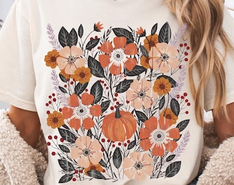 Comfort Colors Floral Fall Shirt - Boho Autumn Flowers Shirt - Fall Vibes Retro Graphic T-Shirt -  Pumpkin and Dried Pressed Wildflowers Tee