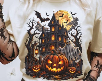 Comfort Colors Halloween Night Shirt - Retro Ghost Old House Jack o Lantern Dark Halloween Vibes Boho Style Shirt