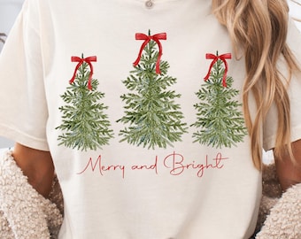 Comfort Colors Christmas Shirt Merry and Bright Christmas Trees Shirt - Retro Christmas Tee - Coquette Red Bows on Christmas Boho T-Shirt