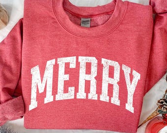 Retro Merry Sweatshirt - Womens Christmas Sweater - Holiday Festive Sweatshirt - Cute Christmas Gift
