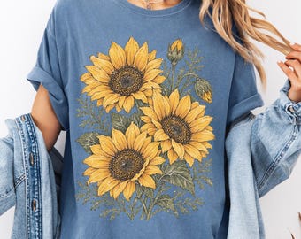 Comfort Colors Sunflowers Shirt  - Retro Floral T-shirt - Boho Summer Tee - Floral Print Tee - Gardener, Nature Lover Tee - Wildflower Shirt