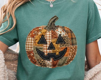 Comfort Colors Pumpkin Shirt - Faux Appliqué Patches Pumpkin - Retro Pumpkin Printed Image - Boho Fall Tee - Fall Vibes Autumn T-Shirt