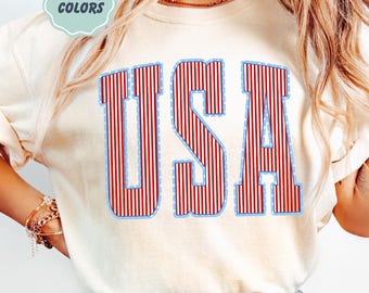 Comfort Colors USA Shirt - Cute Stripes USA Graphic Tee - Retro USA Print T-shirt - Vintage American Shirt - 4th of July Shirt for Women