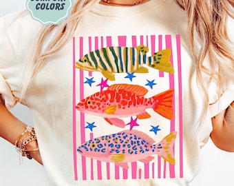 Comfort Colors Fish Shirt - Summer Boho Tee - Coastal Beach T-shirt - Tropical Bright Color Fish Tshirt - Retro Graphic Ocean Life Tee