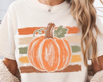 Comfort Colors Pumpkin Shirt - Hand Drawn Retro Pumpkin and Stripes Autumn T-shirt - Boho Fall Tee -  Fall vibes T-Shirt
