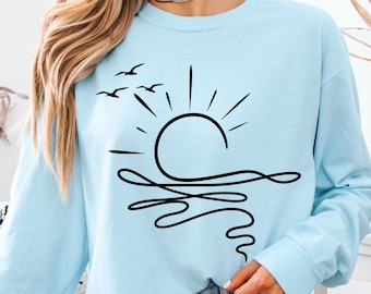 Comfort Colors Sun Ocean LONG SLEEVE Shirt - Linear Sunset Graphic Boho Summer T Shirt - Trendy Beach Tee - Cute Minimalist Summer Tee