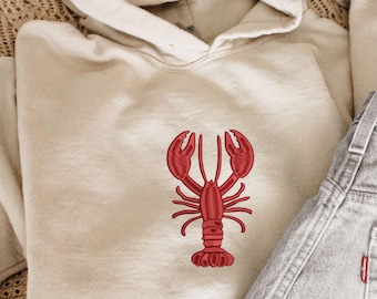 Embroidered Lobster Hoodie or Sweatshirt - Mini Red Lobster - Cute Crewneck Sweater or Oversized Lobster Hoodie - Ocean Nautical Sweater