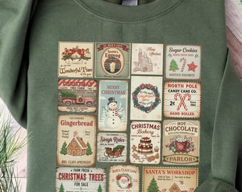 Christmas Stamps Sweatshirt - Vintage Postal Stamps Holiday Sweatshirt - Retro Image Collection of Stamps Winter Sweater - Trendy Sweatshirt