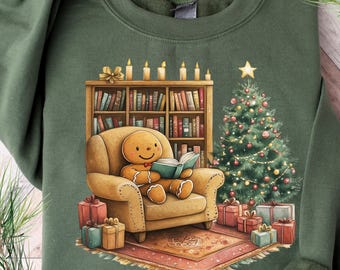 Retro Gingerbread Reading Books Christmas Sweatshirt, Cozy Gingerbread And Christmas Tree Holiday Sweatshirt,Book Lover Christmas Sweatshirt