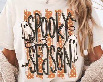 Comfort Colors Spooky Season Halloween Retro Shirt - Cute Ghosts and Stripes Comfort Colors T