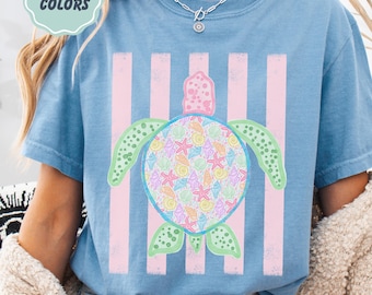 Comfort Colors Turtle Shirt - Summer Trending Stripes T-Shirt - Boho Summer Beach Tee - Retro Graphic Floral Turtle