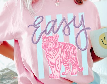 Comfort Colors Easy Tiger Shirt - Trendy Summer Bay Coastal Watercolor Graphic Stripes T-Shirt - Boho Summer Tee - Cute Funny Quote Tee