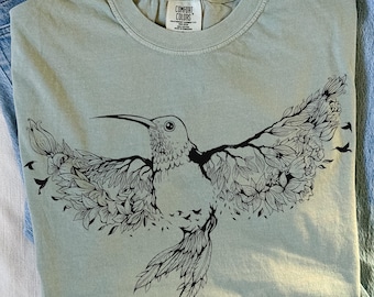 Comfort Colors Bird Shirt - Flying Open Wings Floral Botanical Hummingbird Linear Graphic T-shirt - Nature Shirt - Bird Lover - Free Spirit