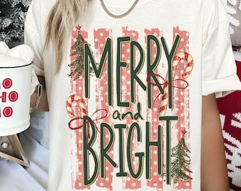 Comfort Colors Christmas Shirt - Merry and Bright Retro Holiday T-shirt - Trendy Holiday Vintage Graphic Tee - Merry Christmas Tee