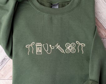 Embroidered Nurse Icons Sweatshirt - Medical Professional Sweatshirt - Nurse, Assistant, Doctor, Hospital Crew Style Sweatshirt - Nurse Gift