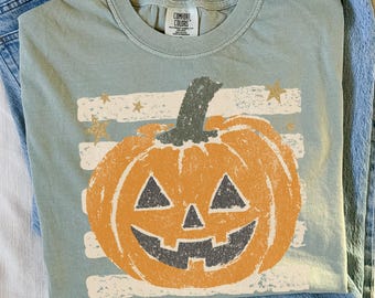 Comfort Colors Pumpkin Shirt - Retro Hand Drawn Stripes and Pumpkin T-shirt - Fall Vibes Tee - Boho Fall Shirt - Cute Autumn Shirt
