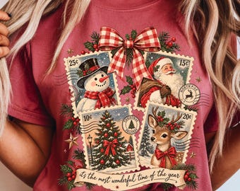 Comfort Colors Retro Christmas Stamps Shirt - Santa Clause, Rain Deer, Christmas Tree, Snowman Vintage Post Stamps Nostalgia Holiday T-Shirt