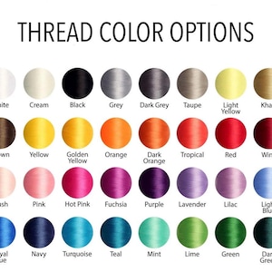 May include: A chart of thread colours for embroidery, featuring 36 different colours, including white, cream, black, grey, dark grey, taupe, light yellow, khaki, brown, yellow, golden yellow, orange, dark orange, tropical, red, wine, blush, pink, hot pink, fuchsia, purple, lavender, lilac, light blue, royal blue, navy, turquoise, teal, mint, lime, green, and dark green.