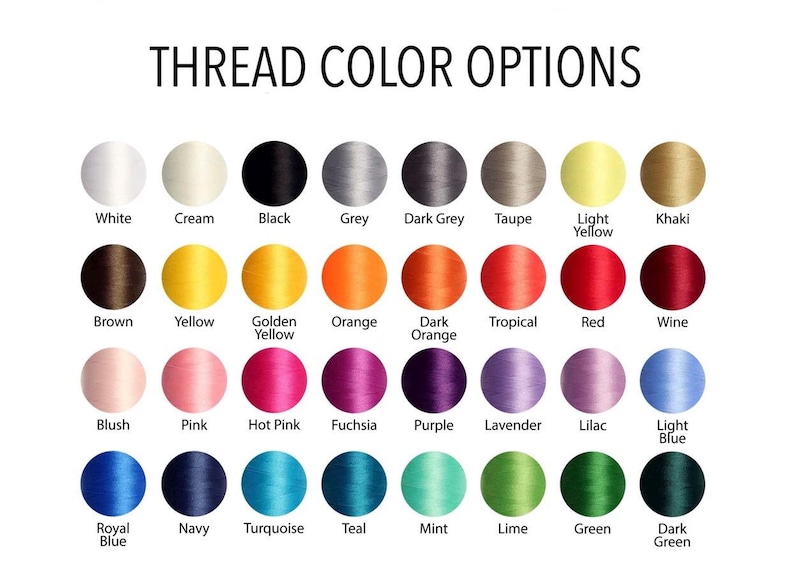May include: A chart of thread colours for embroidery, featuring 36 different colours, including white, cream, black, grey, dark grey, taupe, light yellow, khaki, brown, yellow, golden yellow, orange, dark orange, tropical, red, wine, blush, pink, hot pink, fuchsia, purple, lavender, lilac, light blue, royal blue, navy, turquoise, teal, mint, lime, green, and dark green.