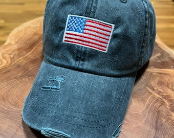 Embroidered American Flag Cap: Pigment-Dyed Distressed Cotton Hat