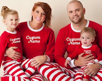 Family Christmas Embroidered Custom Name or Initial Monogram Matching Pajama Sets - Personalized 2 Piece PJ Set For Holiday Child Women Men