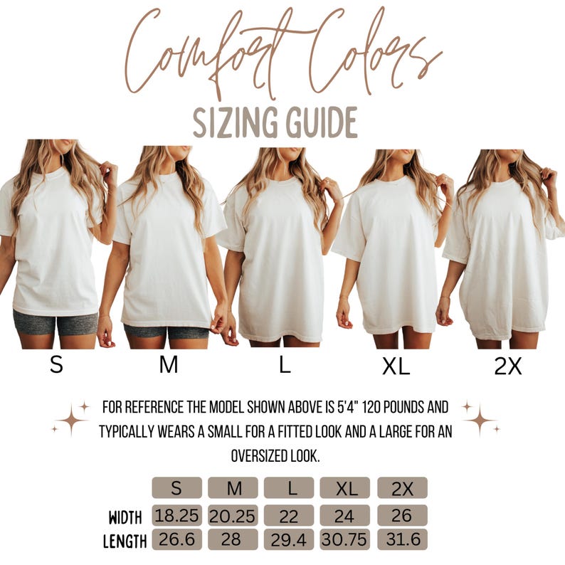 Puede incluir: Gu&iacute;a de tallas para camisetas blancas, tallas S a 2XL. La imagen incluye el texto "Comfort Colors" y "SIZING GUIDE". Las medidas de ancho y largo se proporcionan en pulgadas, con conversiones a cm.
