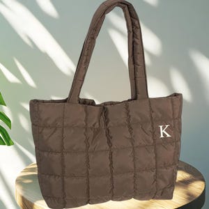 Embroidered Initial Quilted Tote Bag: Personalized Lightweight Carryall Brown