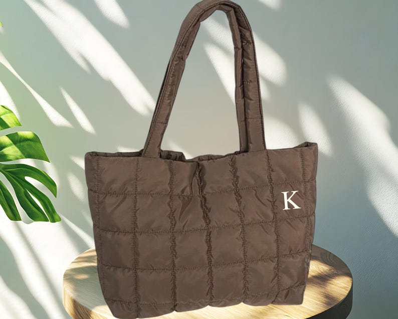Embroidered Initial Quilted Tote Bag: Personalized Lightweight Carryall Brown