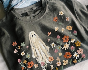 Comfort Colors Ghost and Flowers Graphic Shirt - Cute Ghost Floral Fall Halloween T-Shirt - Retro Halloween Tee - Ghost and Wild Flowers Tee
